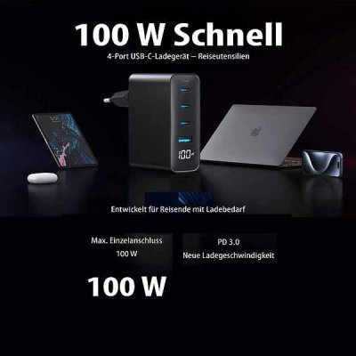 4-Port-Reisenetzteil, 3xUSB-C PD 100W, 1xUSB-A QC 30W