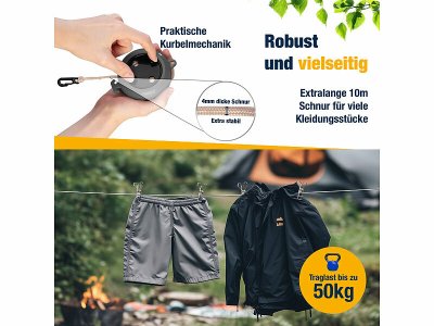 Ausziehbare Camping-Wäscheleine mit Kurbel und Klammern