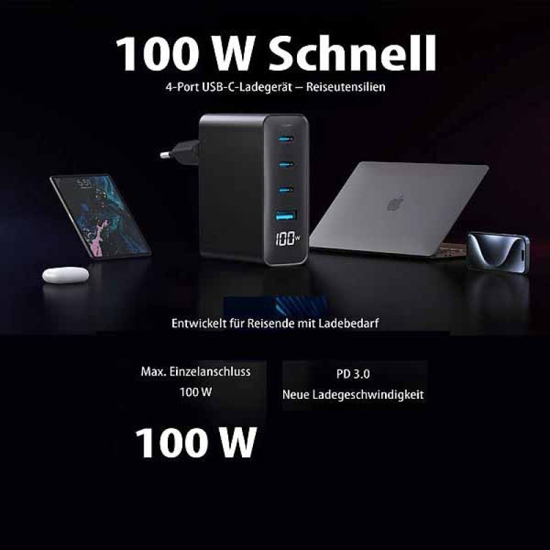 4-Port-Reisenetzteil, 3xUSB-C PD 100W, 1xUSB-A QC 30W